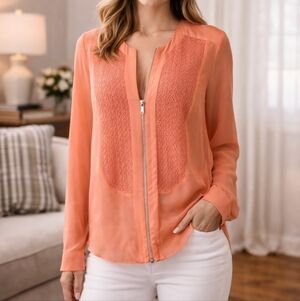 100% Mulberry Silk Coral Blouse Zip Front Sheer Sleeve Lightweight Jacket Top